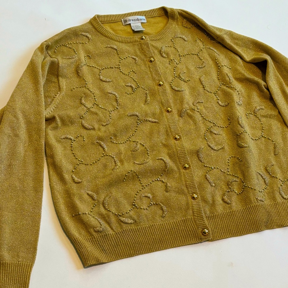 Dress Barn Woman’s Cardigan Size L Golden Embroidery Beads Buttons VTG
